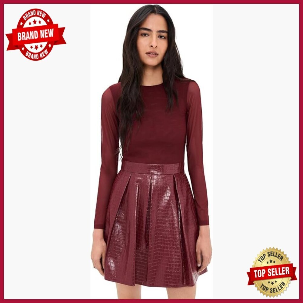 Faux Leather Pleated Cocktail Dress, Mesh Bodice, High Waist, Mini Length